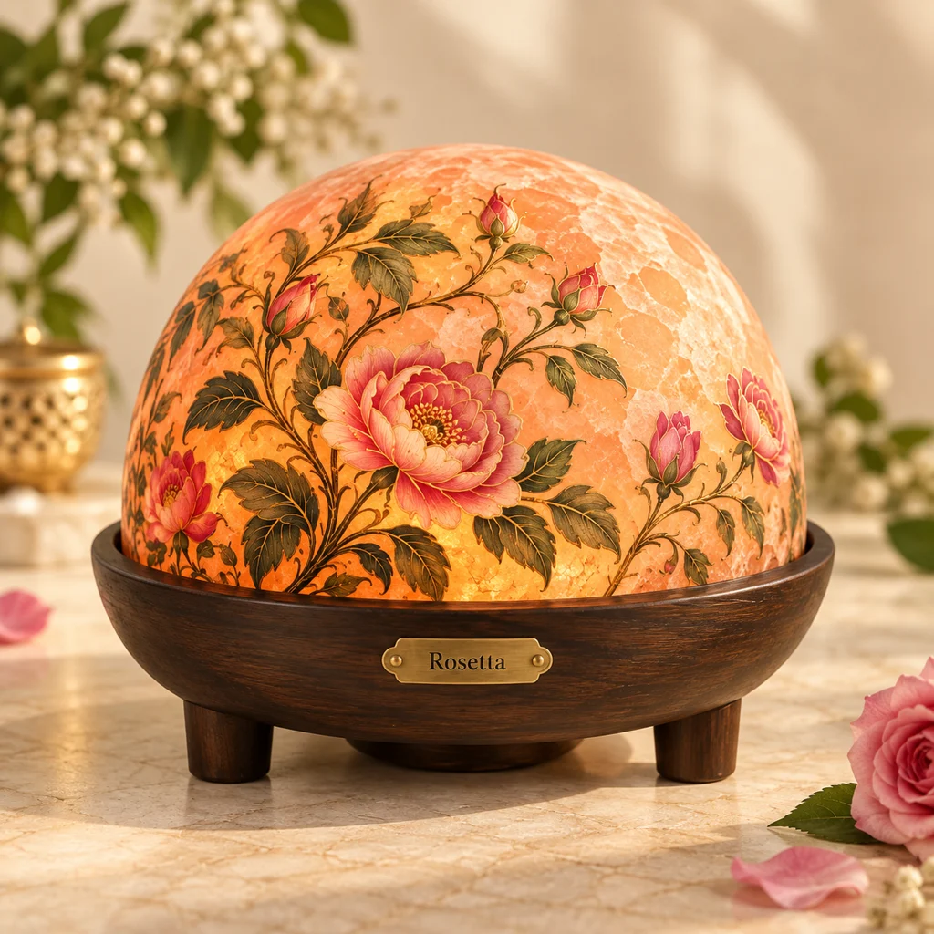 Rosetta hand-painted salt dome with botanical artwork on a wooden base